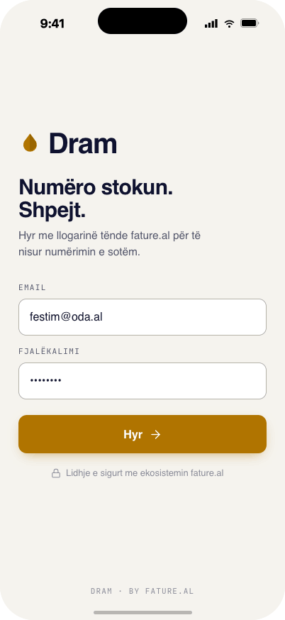 Ekrani i hyrjes së Dram me llogarinë fature.al